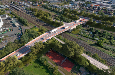 Ein Blick in die Zukunft: Die Visualisierung des Ersatzneubaus der Hauptbahnhofbrücke Hanau zeigt die moderne Verkehrsführung mit optimierten Fahrbahnen, Radwegen und Gehwegen © optify GmbH